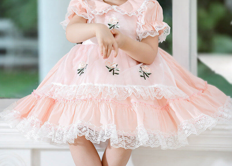 Spanish Style Lace Dress With Embroidery,Yellow/Pink,2T to 6T.