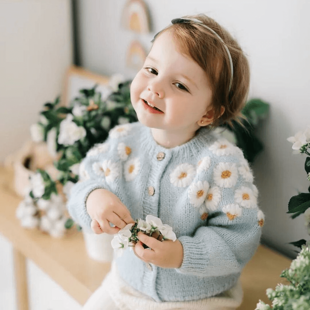 Hand Embroidered Daisy Woolen Sweater,12M to 4T.