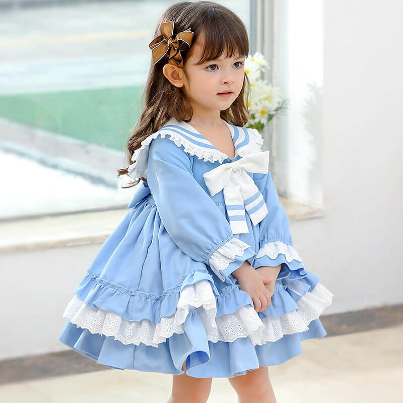 Spanish style Lolita Dress with bows, Pink/Blue, 12M to 5T.