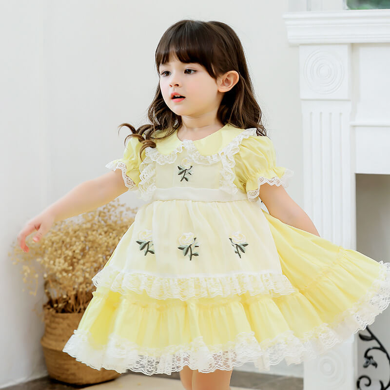 Spanish Style Lace Dress With Embroidery,Yellow/Pink,2T to 6T.