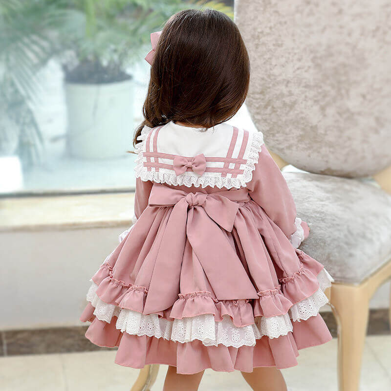 Spanish style Lolita Dress with bows, Pink/Blue, 12M to 5T.