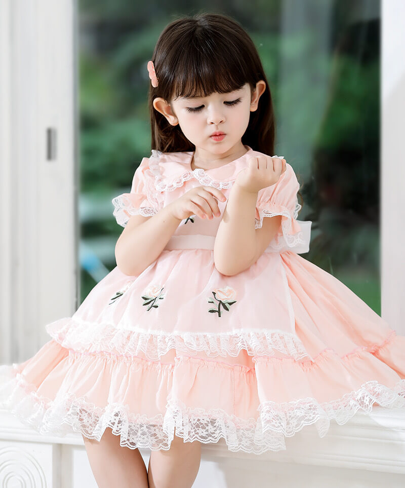 Spanish Style Lace Dress With Embroidery,Yellow/Pink,2T to 6T.