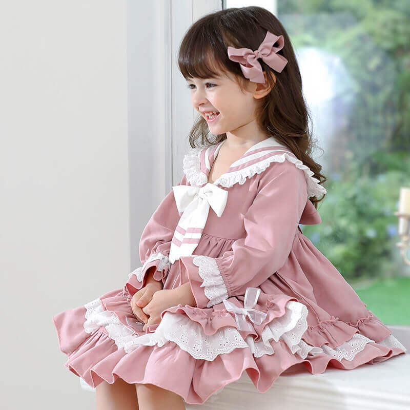 Spanish style Lolita Dress with bows, Pink/Blue, 12M to 5T.