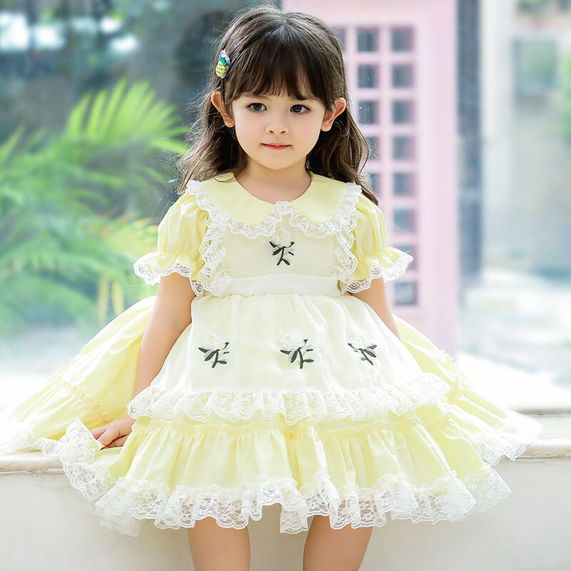 Spanish Style Lace Dress With Embroidery,Yellow/Pink,2T to 6T.