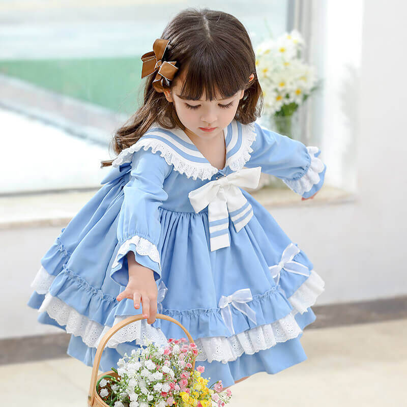 Spanish style Lolita Dress with bows, Pink/Blue, 12M to 5T.