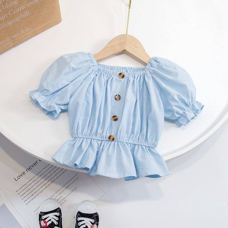Puff Sleeves Top,White/Blue,12M to 7T.