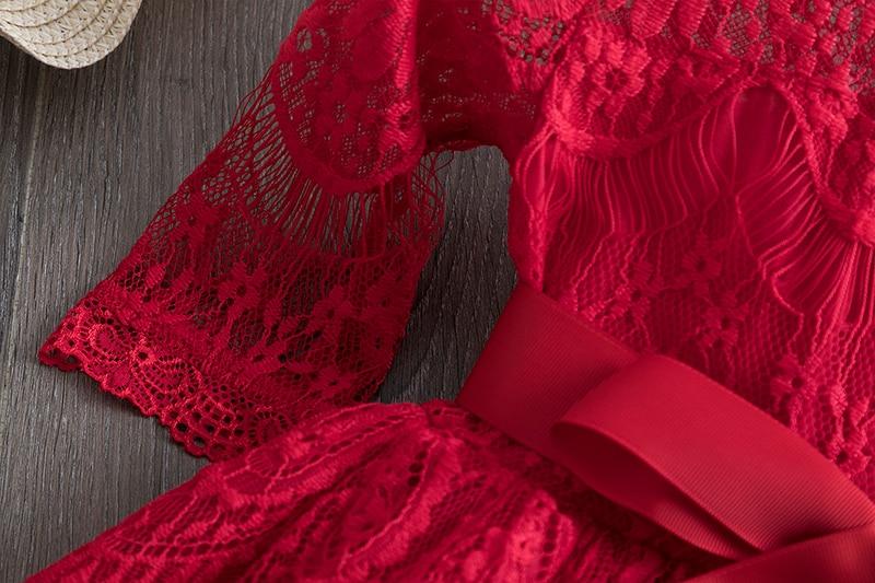 Girls Flower Red Lace Party Dress - Dream Town Store