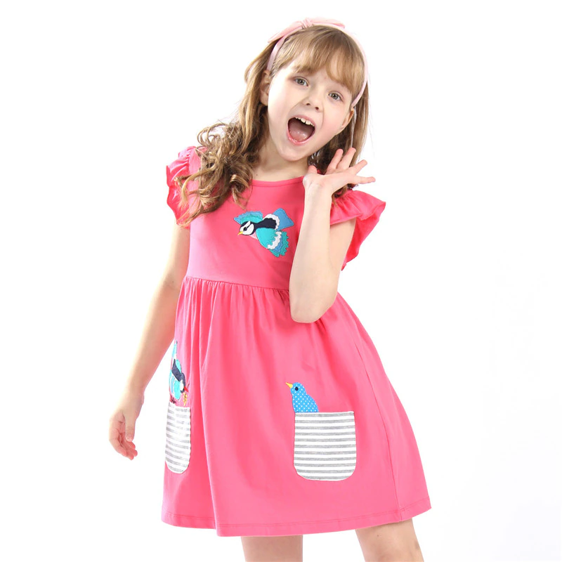 Cute Birds & Flowers Applique Dress, Cotton, 2-7Y