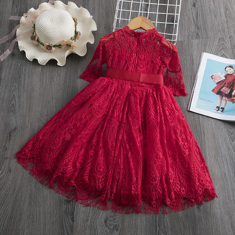 Girls Flower Red Lace Party Dress - Dream Town Store