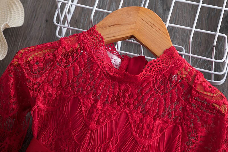 Girls Flower Red Lace Party Dress - Dream Town Store