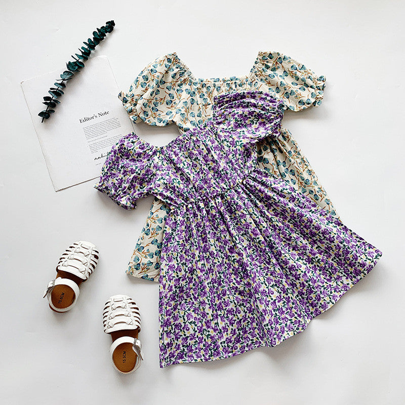 Floral Print Dress,Blue/Green, 2T to 7T.