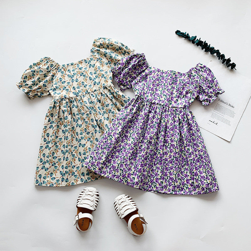 Floral Print Dress,Blue/Green, 2T to 7T.
