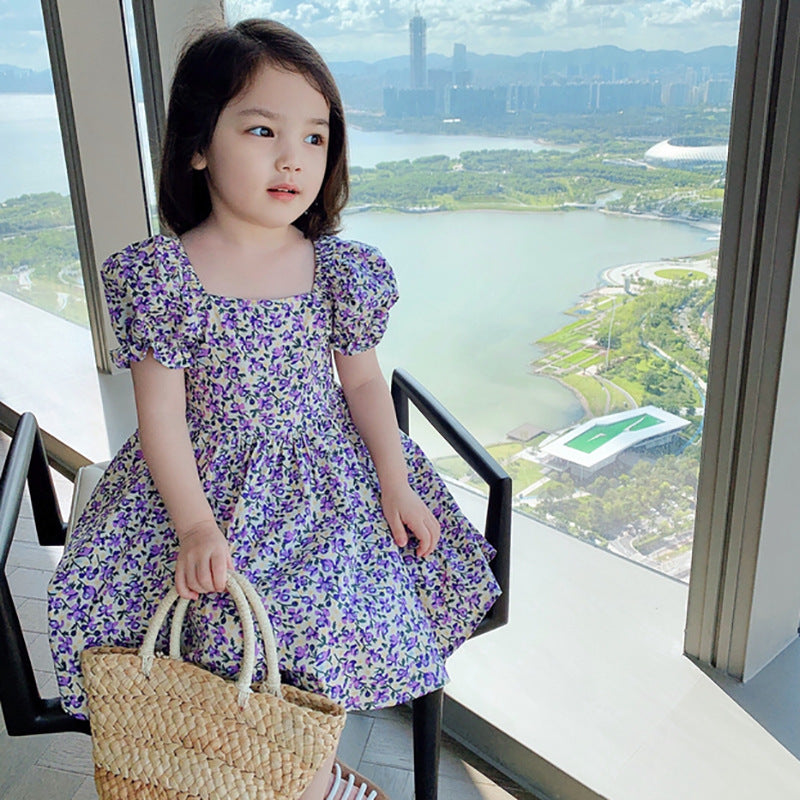 Floral Print Dress,Blue/Green, 2T to 7T.