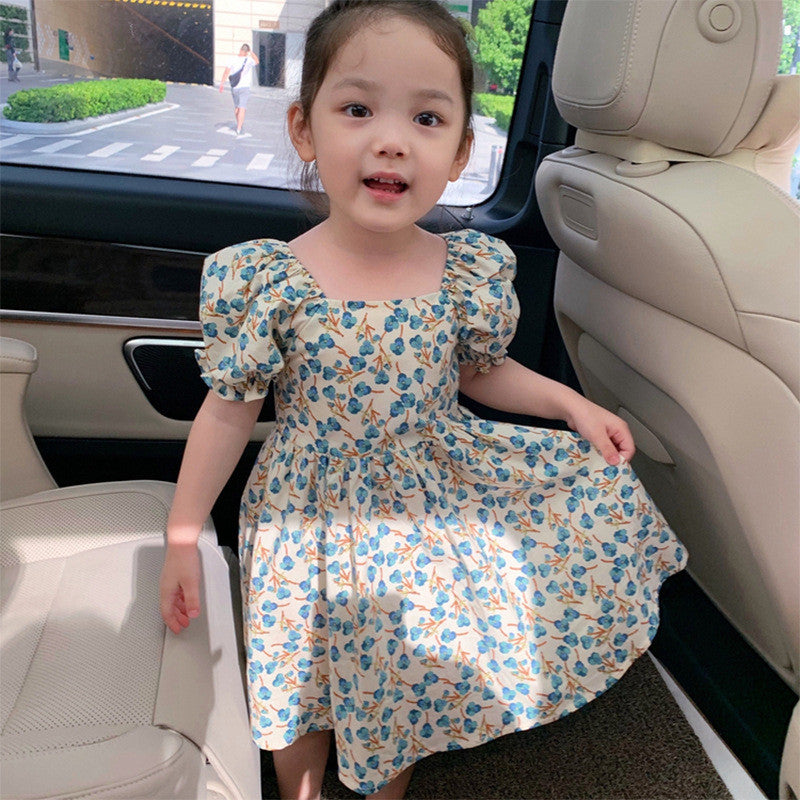 Floral Print Dress,Blue/Green, 2T to 7T.