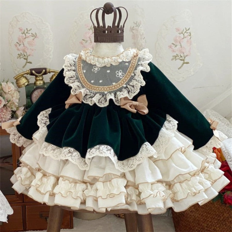 Velvet Vintage Spanish Dress, Green/Pink12M to 8T. 3T / Green Velvet Vintage Spanish Dress, Green/Pink12M to 8T. 3T / Green