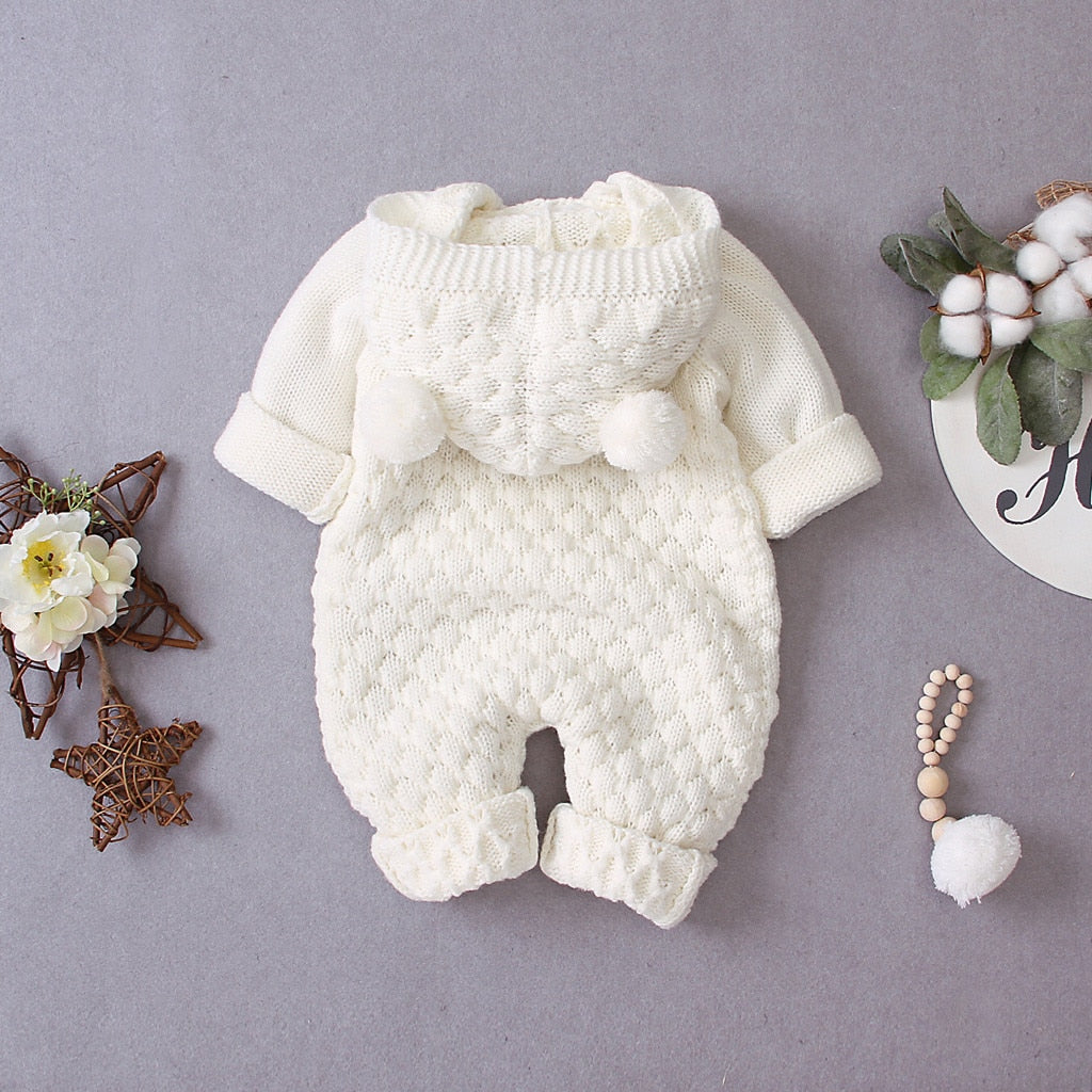 Children's Fur Ball Hooded Knitted One-piece Romper,6M to 24M.