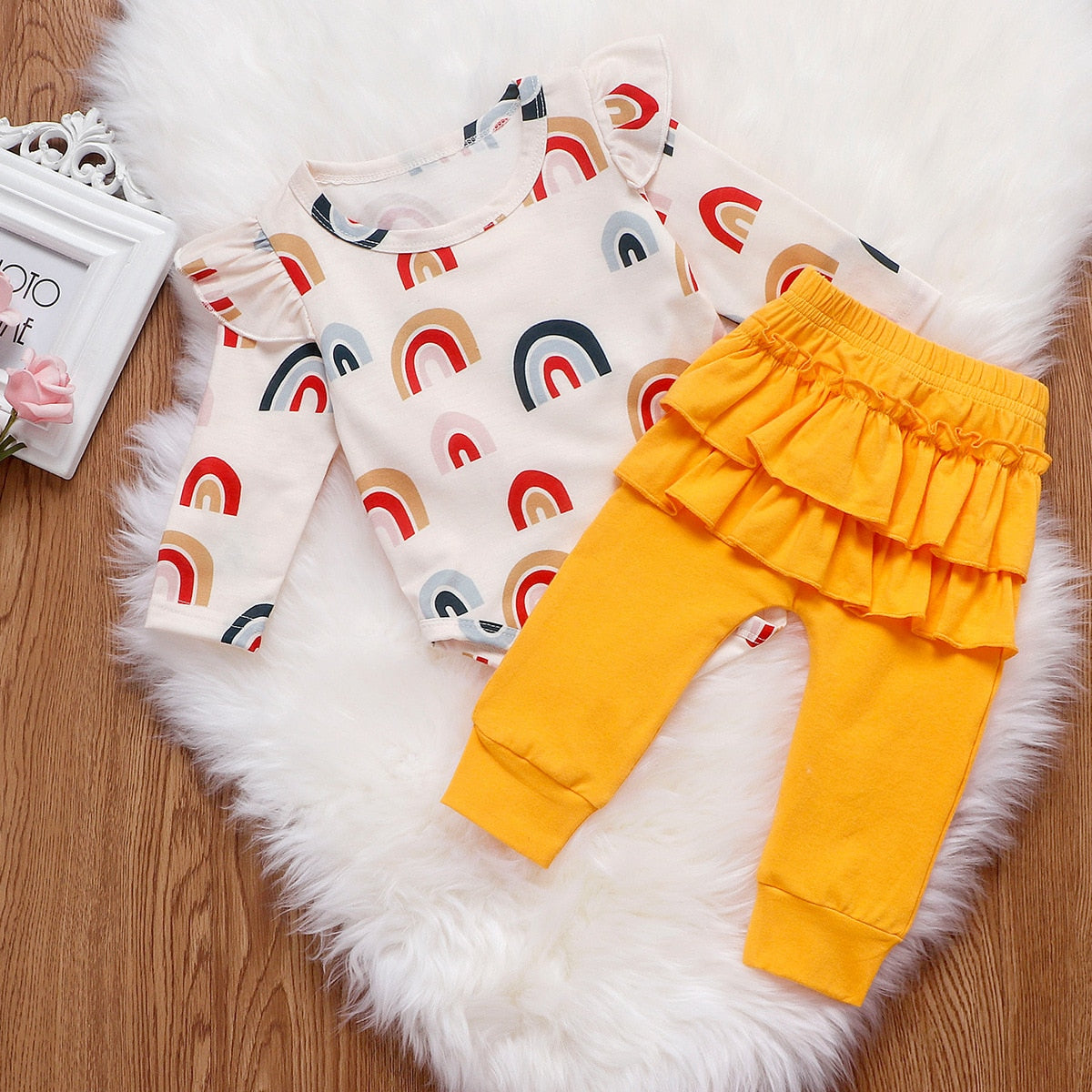 Rainbow Romper With Ruffled Pants, 6M to 24M.