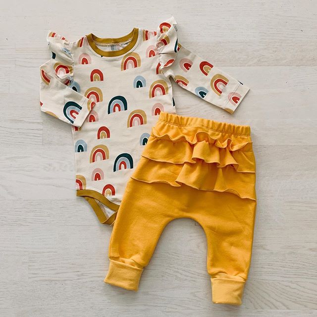 Rainbow Romper With Ruffled Pants, 6M to 24M.