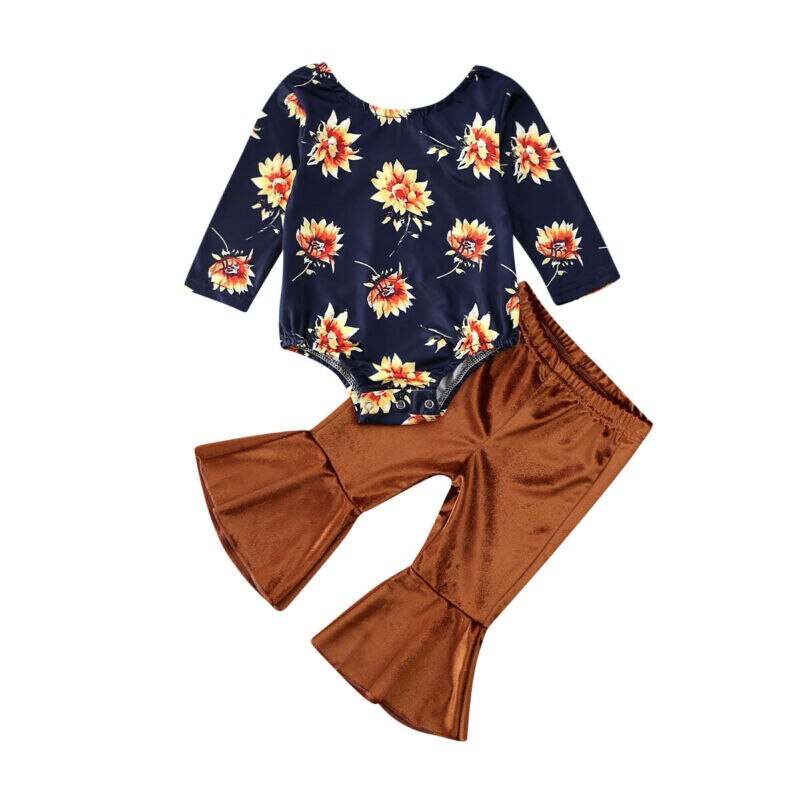 Floral Tops Romper & Velvet Long Pants,0 to 24 M.