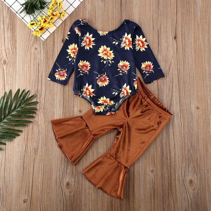 Floral Tops Romper & Velvet Long Pants,0 to 24 M.