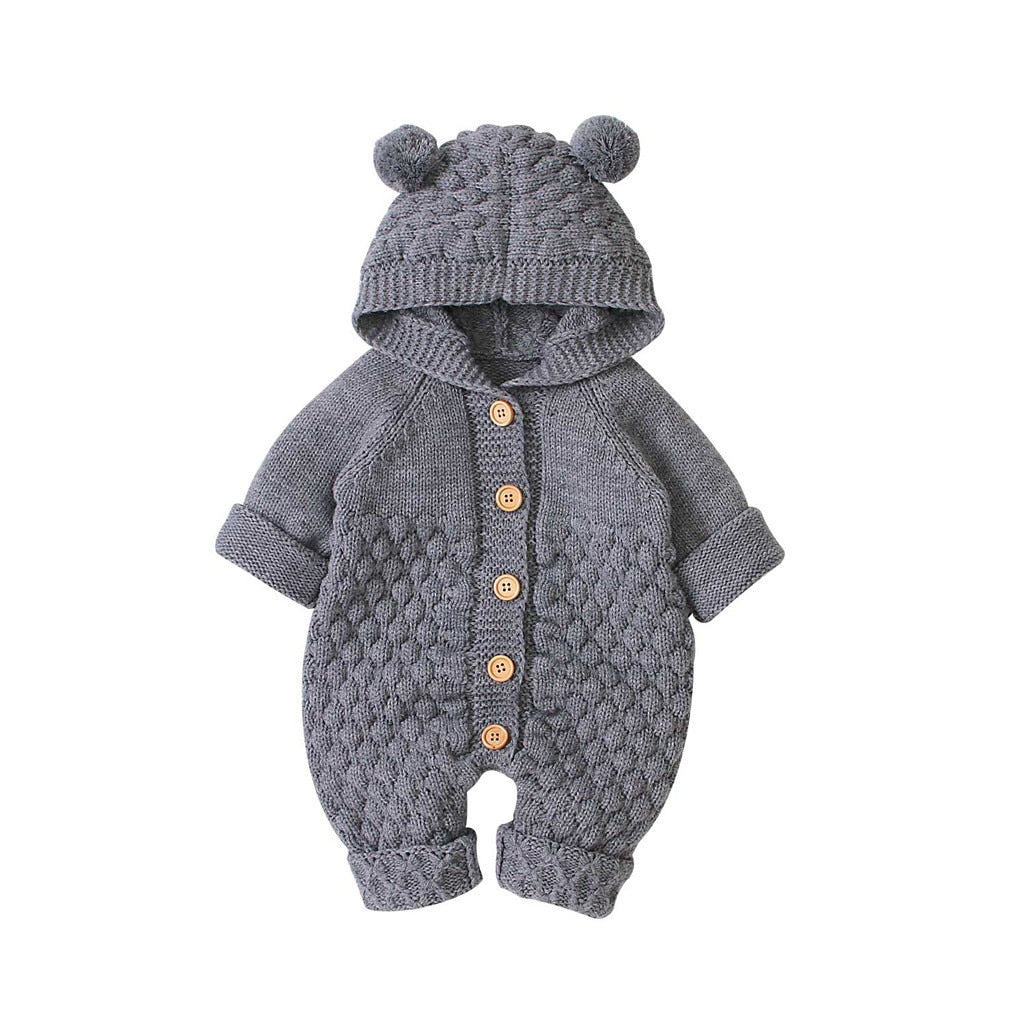 Children's Fur Ball Hooded Knitted One-piece Romper,6M to 24M.