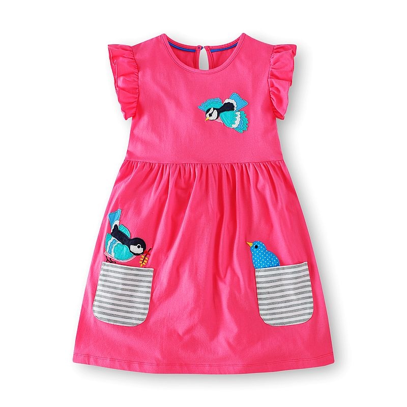 Cute Birds & Flowers Applique Dress, Cotton, 2-7Y