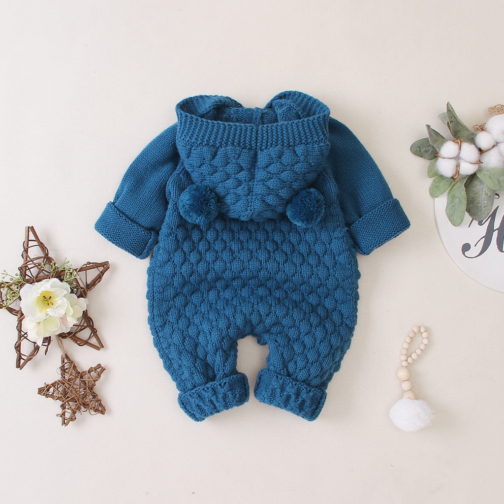 Children's Fur Ball Hooded Knitted One-piece Romper,6M to 24M.