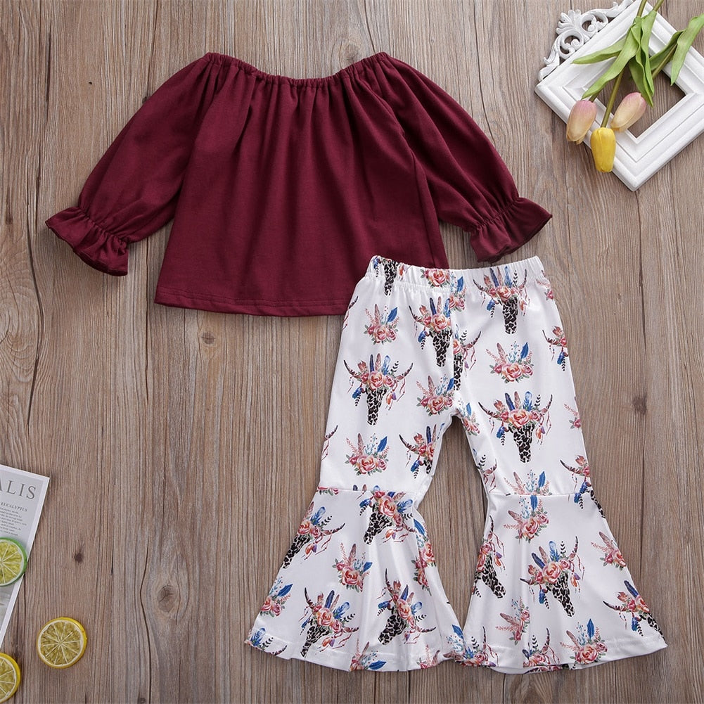Toddler Off Shoulder Top & Bell-Bottom Pants, 2Y-6Y.
