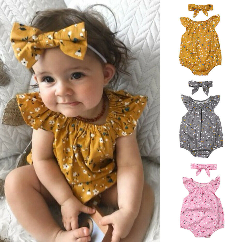 Sleeveless Floral Romper With Headband,Grey/Yellow/Pink,3M-18M.