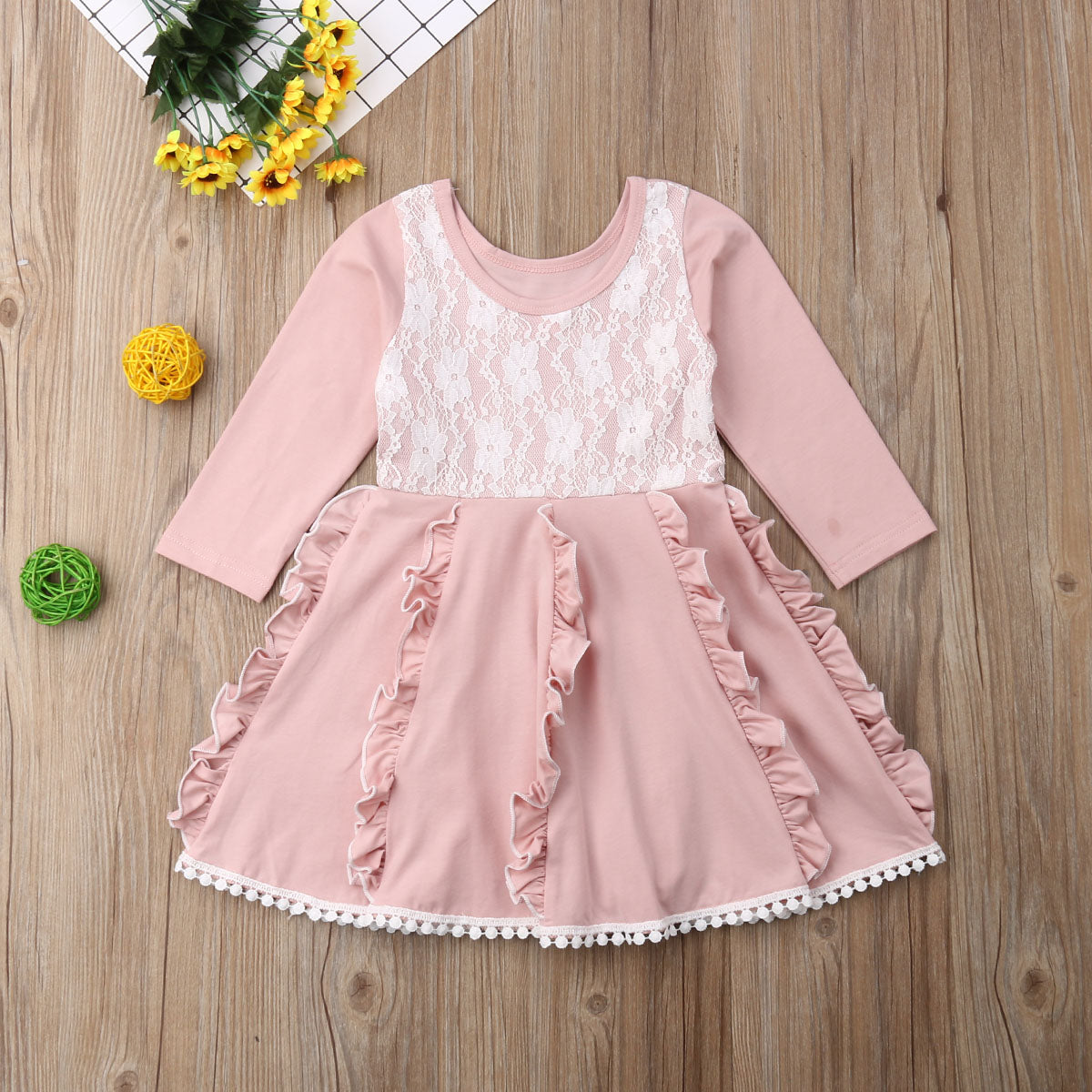 Cute Pink Ruffle Fall Dress, 3Y to 7Y.