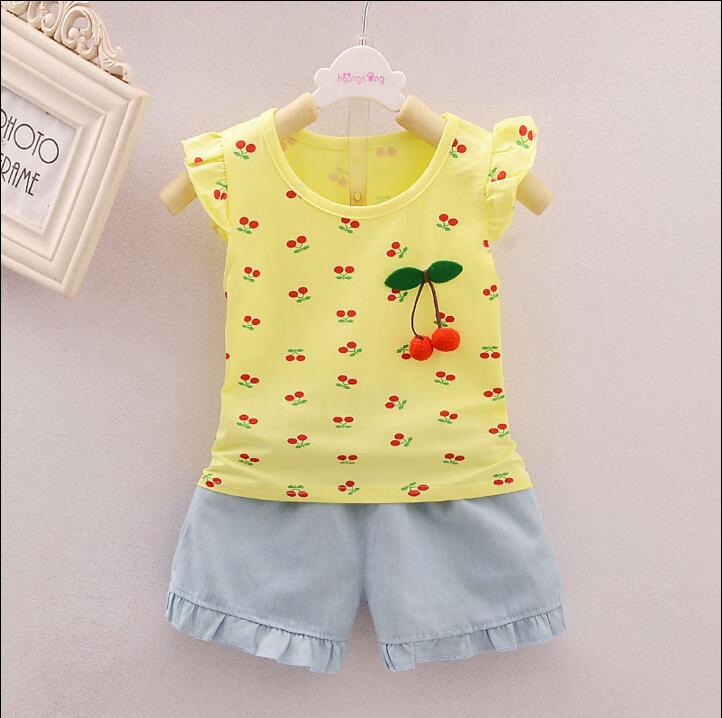 Cute Cherry Print Summer Top with Shorts,Pink/Yellow,1Y-4Y.