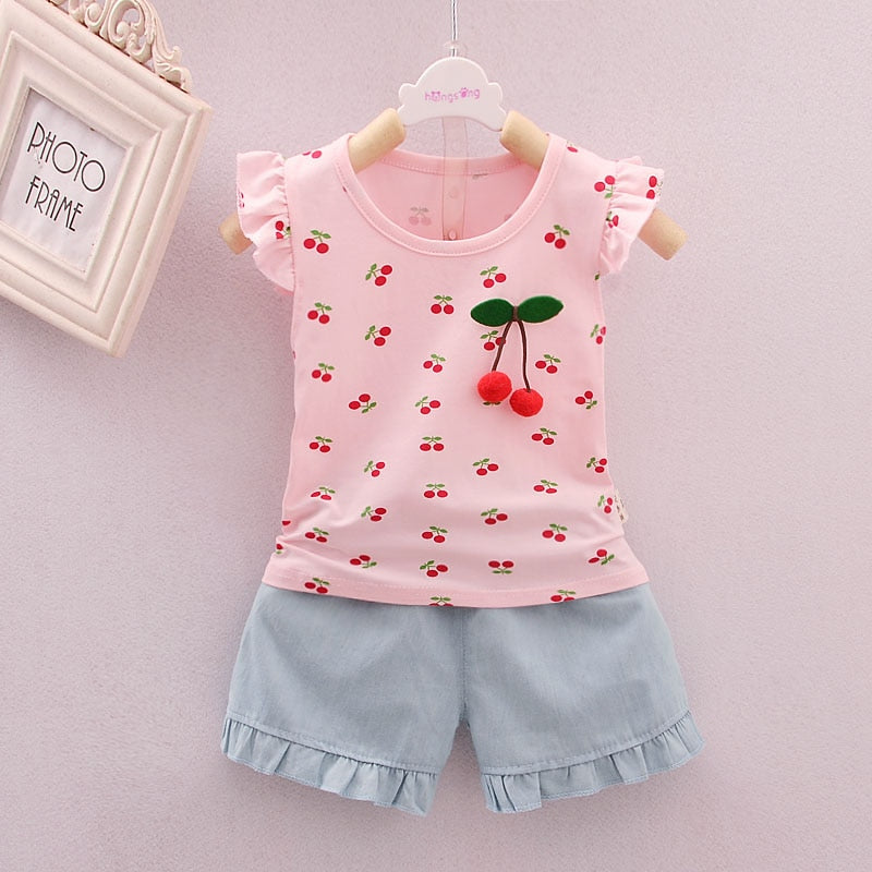 Cute Cherry Print Summer Top with Shorts,Pink/Yellow,1Y-4Y.