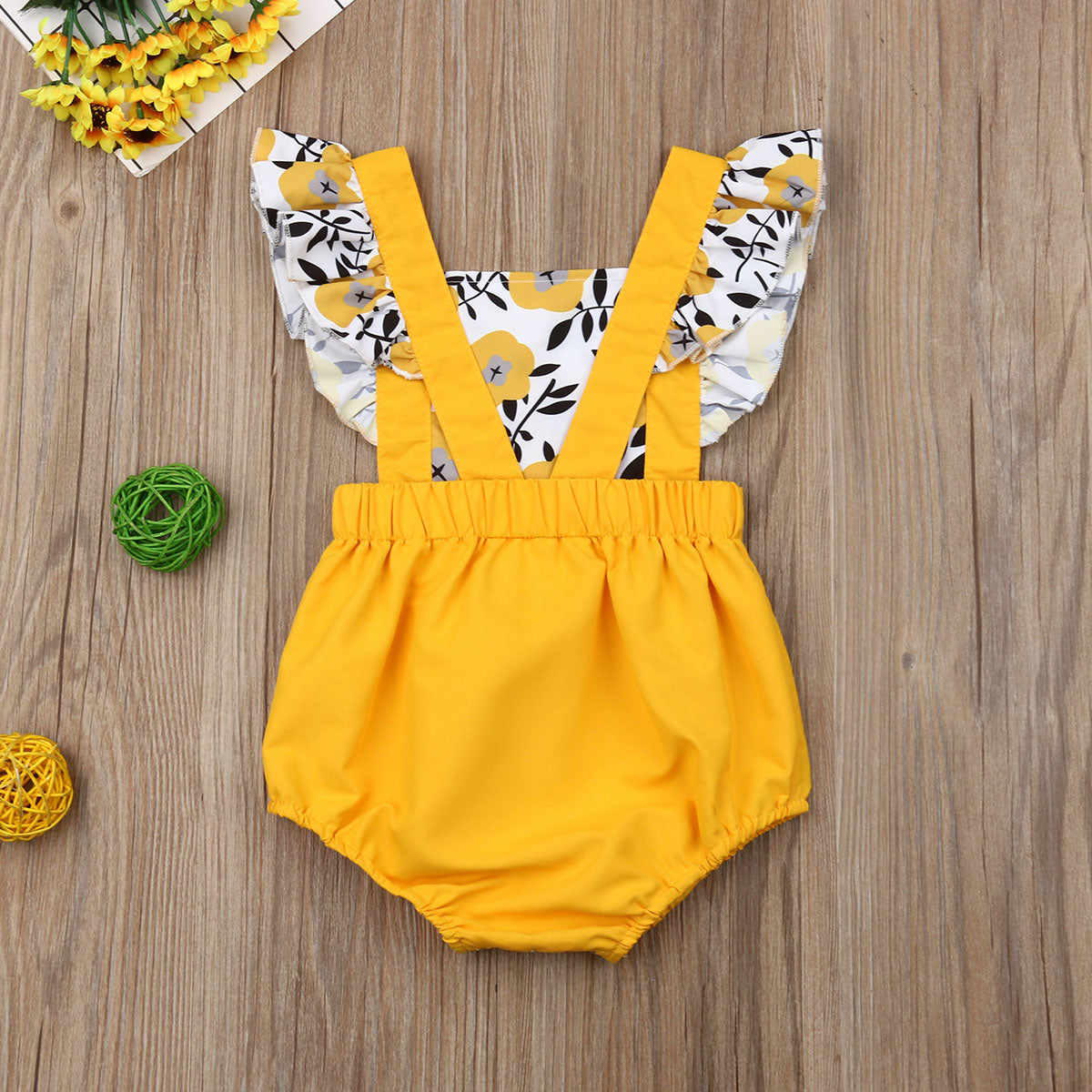 Fly Sleeve Sunflower Print Romper Jumpsuit, 6M to 24M.