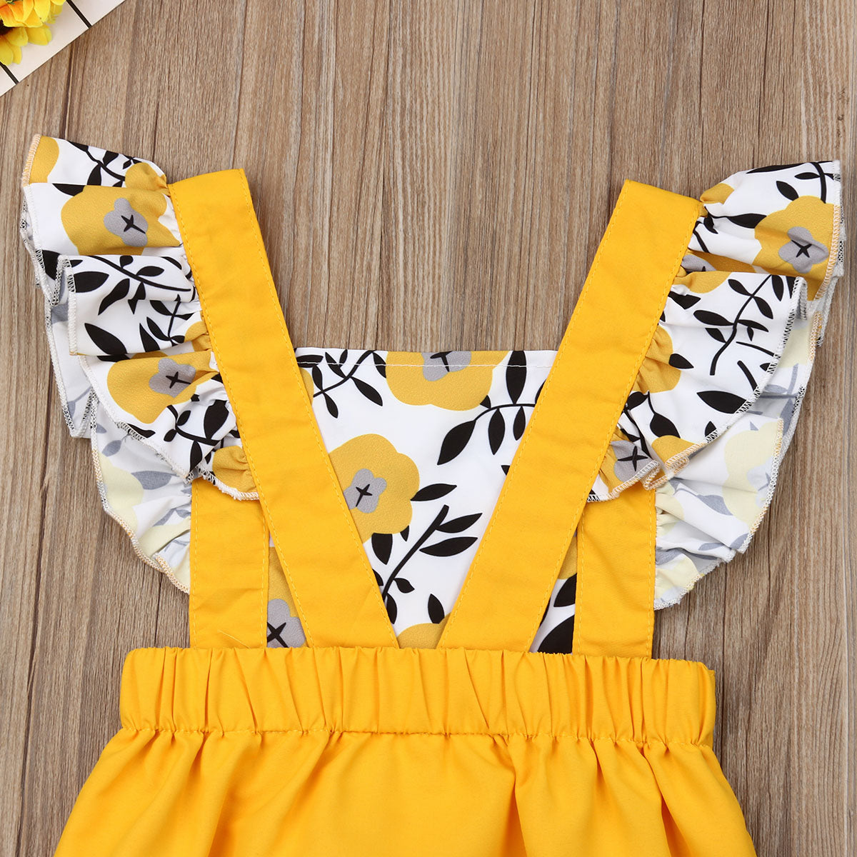 Fly Sleeve Sunflower Print Romper Jumpsuit, 6M to 24M.