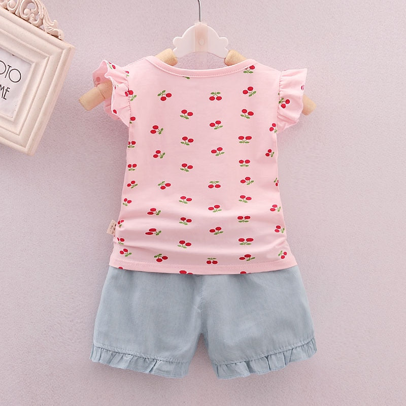 Cute Cherry Print Summer Top with Shorts,Pink/Yellow,1Y-4Y.