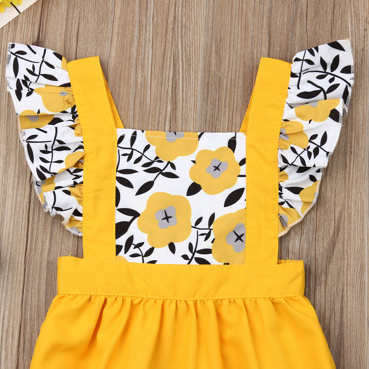 Fly Sleeve Sunflower Print Romper Jumpsuit, 6M to 24M.