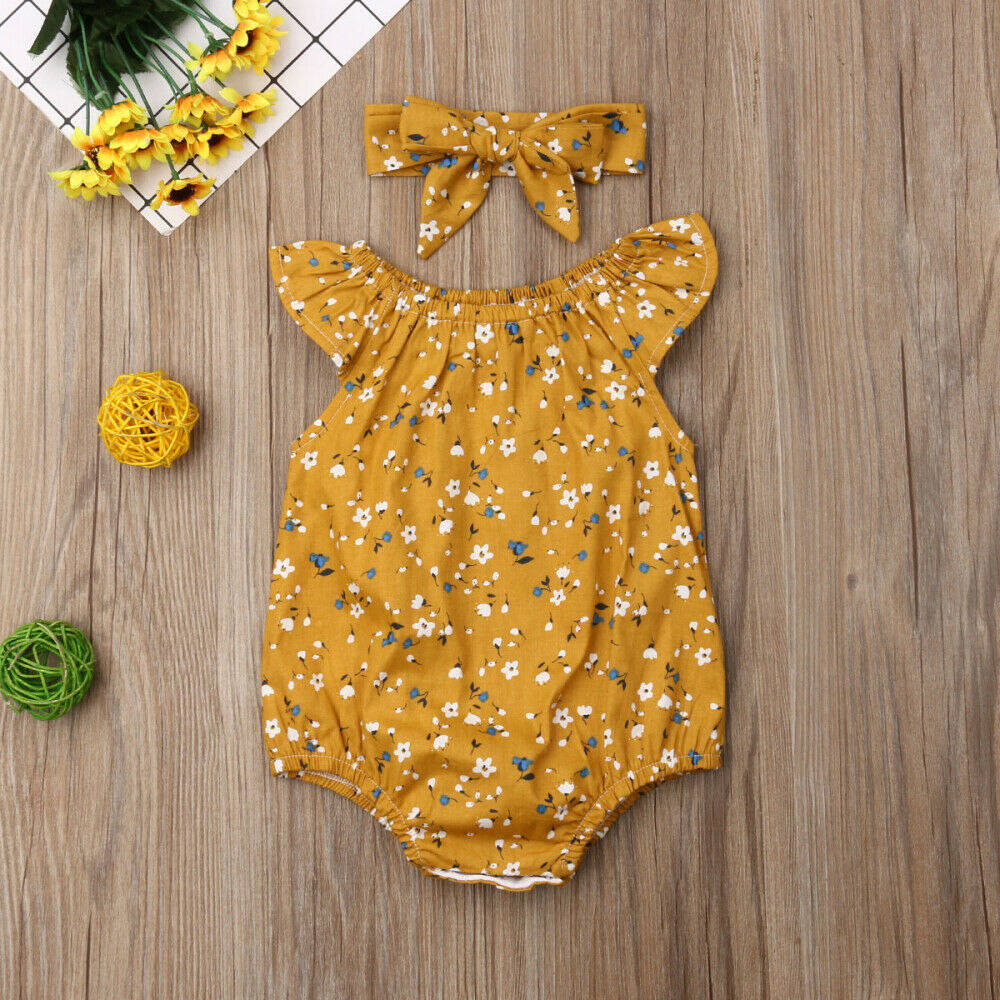 Sleeveless Floral Romper With Headband,Grey/Yellow/Pink,3M-18M.