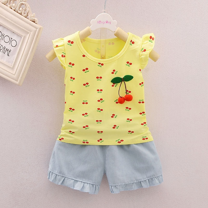 Cute Cherry Print Summer Top with Shorts,Pink/Yellow,1Y-4Y.