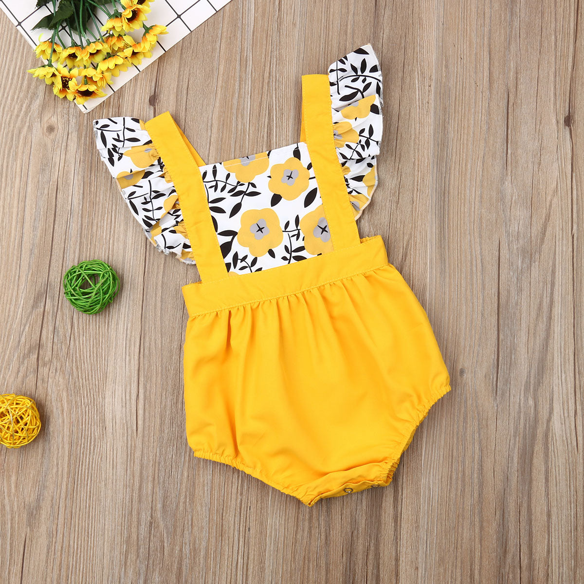 Fly Sleeve Sunflower Print Romper Jumpsuit, 6M to 24M.