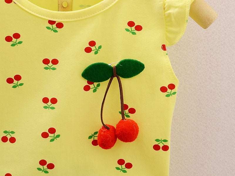 Cute Cherry Print Summer Top with Shorts,Pink/Yellow,1Y-4Y.