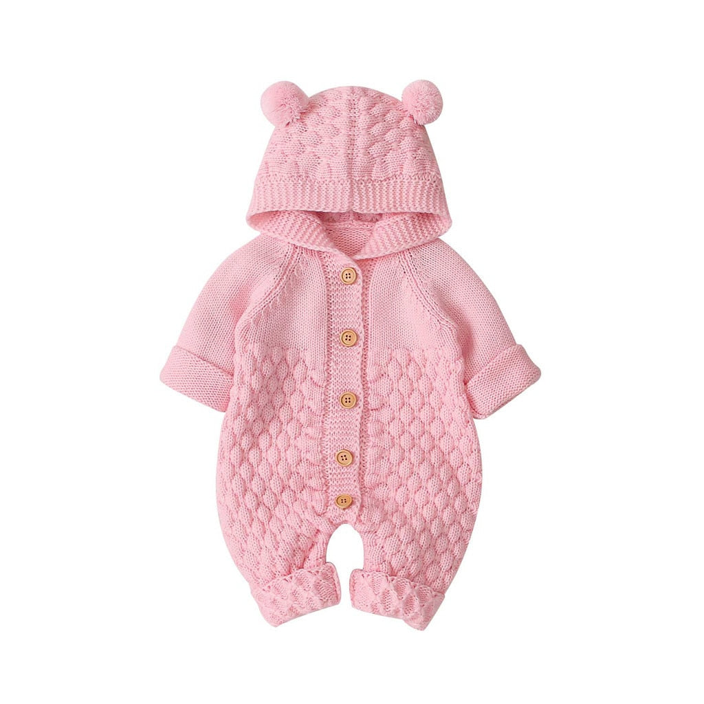 Children's Fur Ball Hooded Knitted One-piece Romper,6M to 24M.