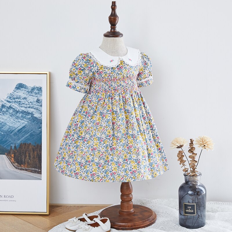 Floral Hand Smocked Dress With Lace Highlights,12M to 6T.