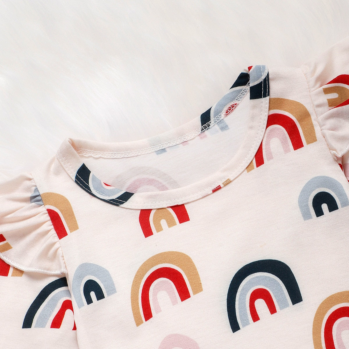 Rainbow Romper With Ruffled Pants, 6M to 24M.