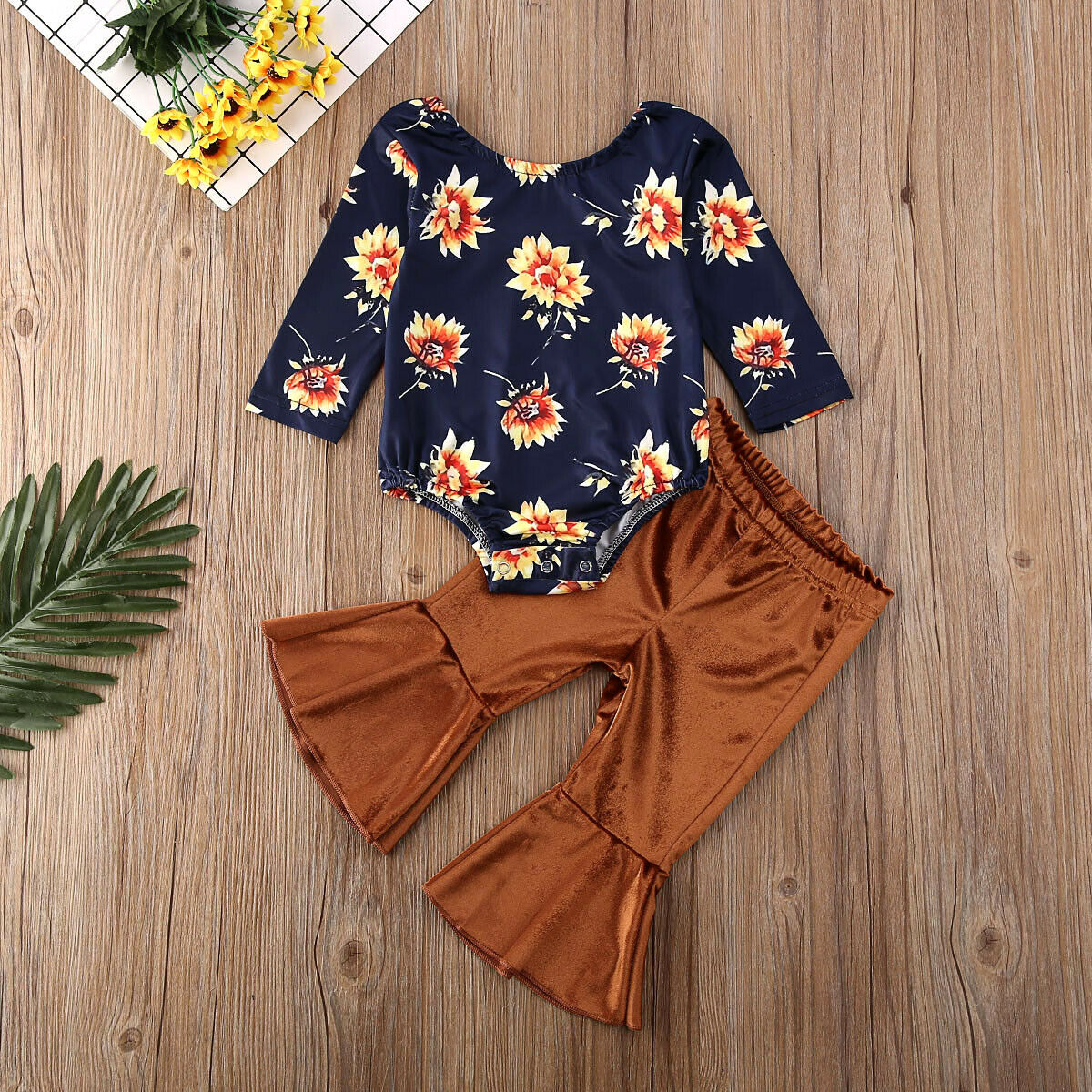 Floral Tops Romper & Velvet Long Pants,0 to 24 M.