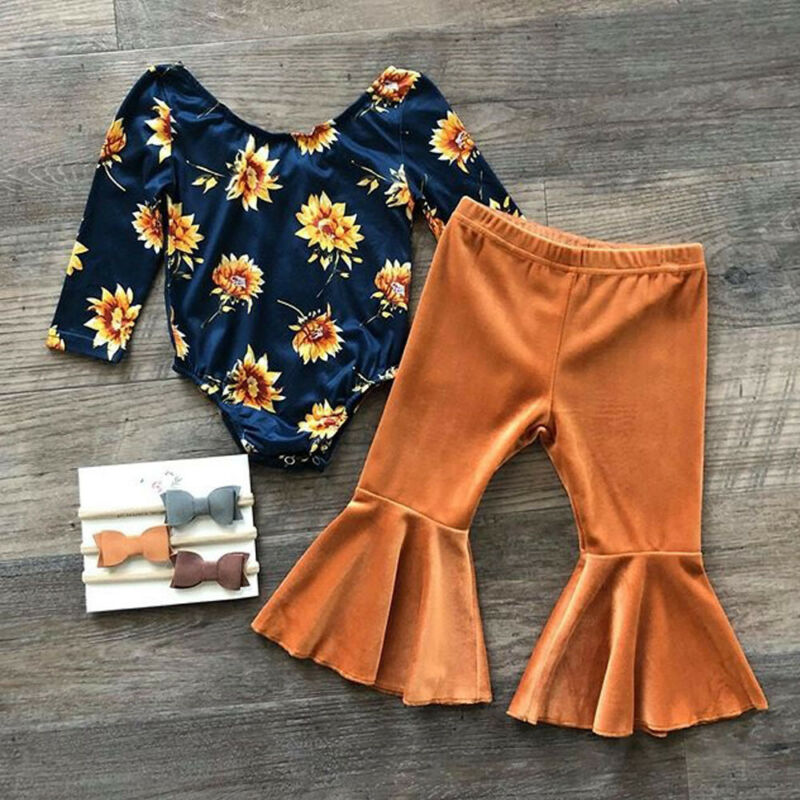Floral Tops Romper & Velvet Long Pants,0 to 24 M.