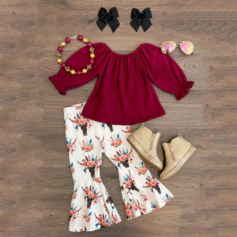 Toddler Off Shoulder Top & Bell-Bottom Pants, 2Y-6Y.