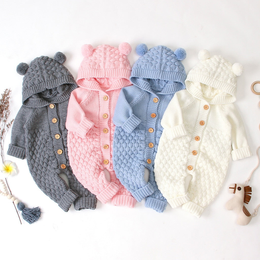 Children's Fur Ball Hooded Knitted One-piece Romper,6M to 24M.