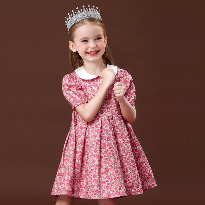 Cute Floral Print Peter Pan Collar Dress,2T to 6T
