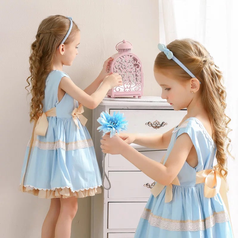 Sleeveless Blue Spanish Dress With Bows,12M to 9T