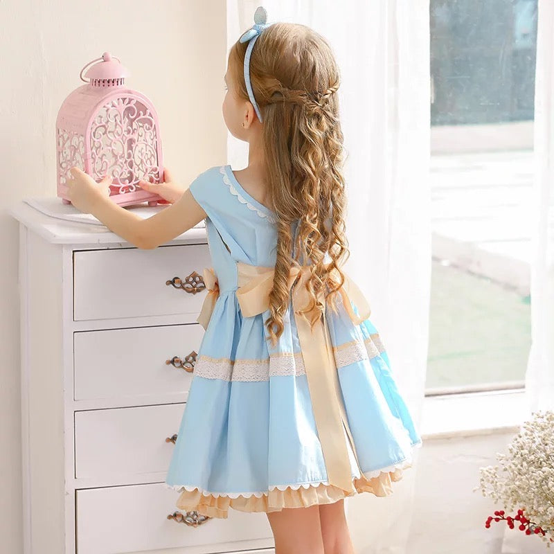Sleeveless Blue Spanish Dress With Bows,12M to 9T